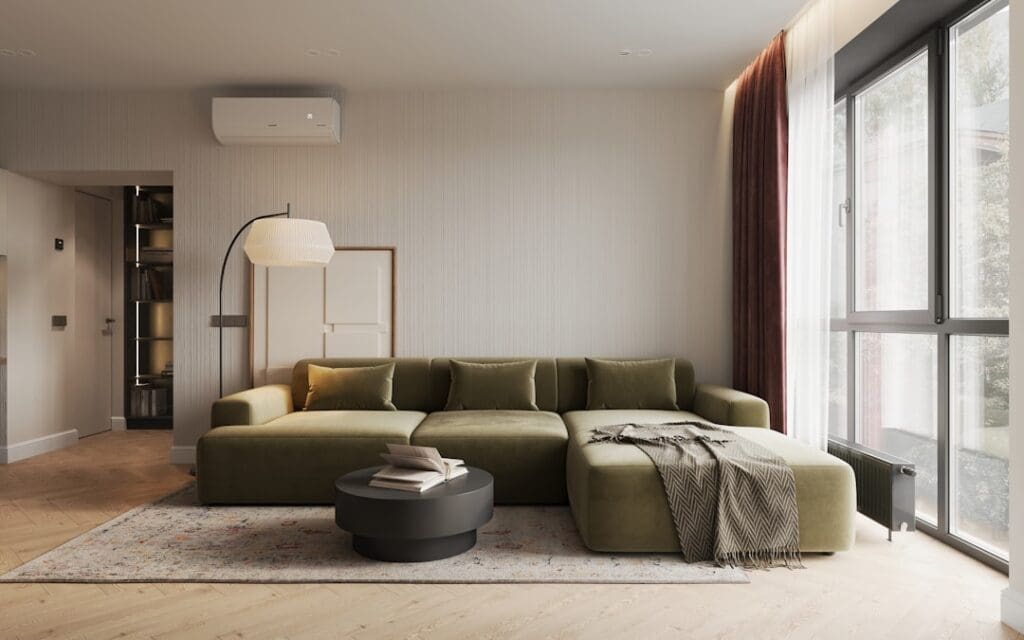 Woonkamer met een zithoek en natuurlijke materialen